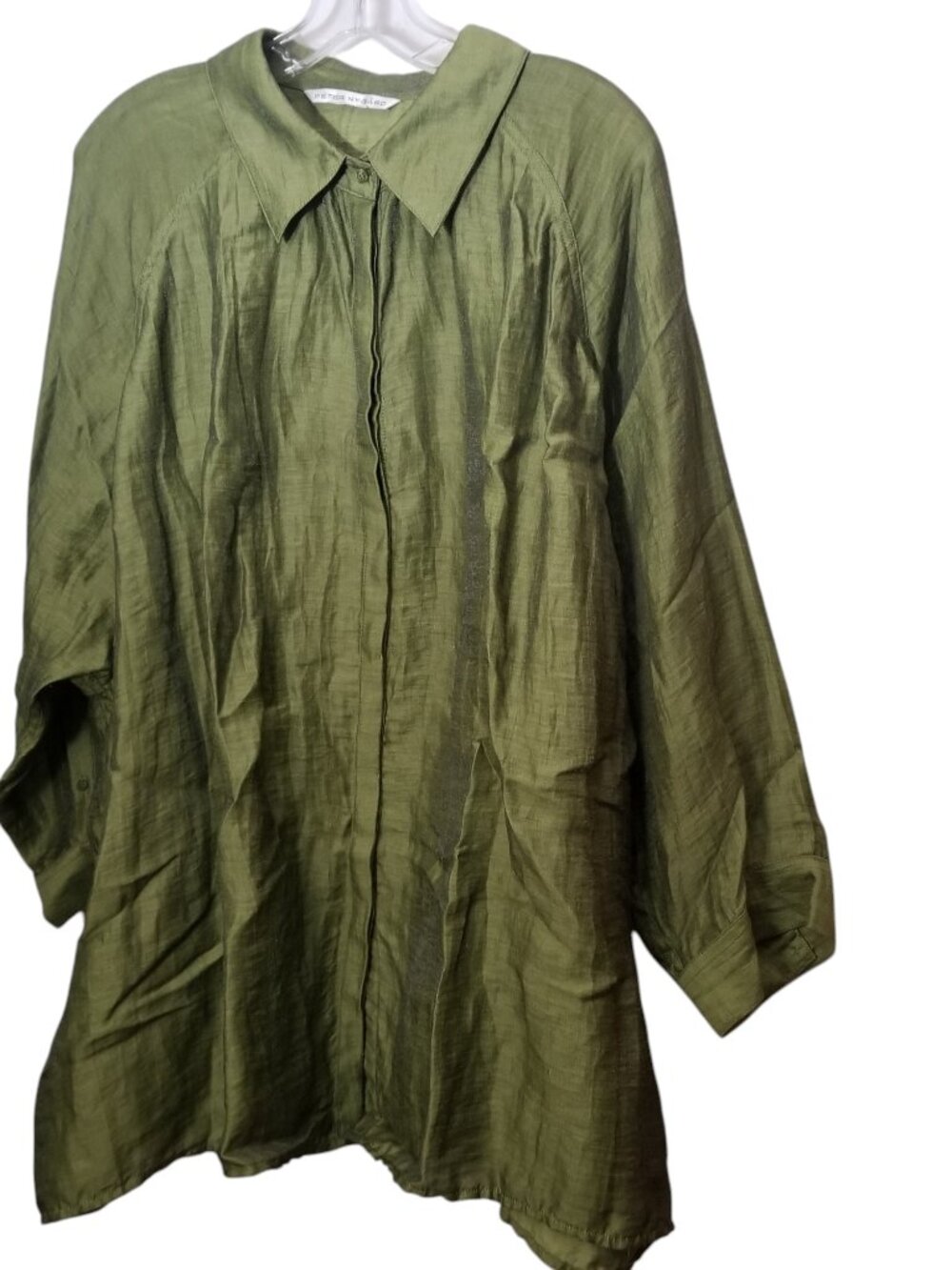 Peter Nygard Olive Green Linen Blend  Crinkled Slouchy Oversized Shirt Sz 2X